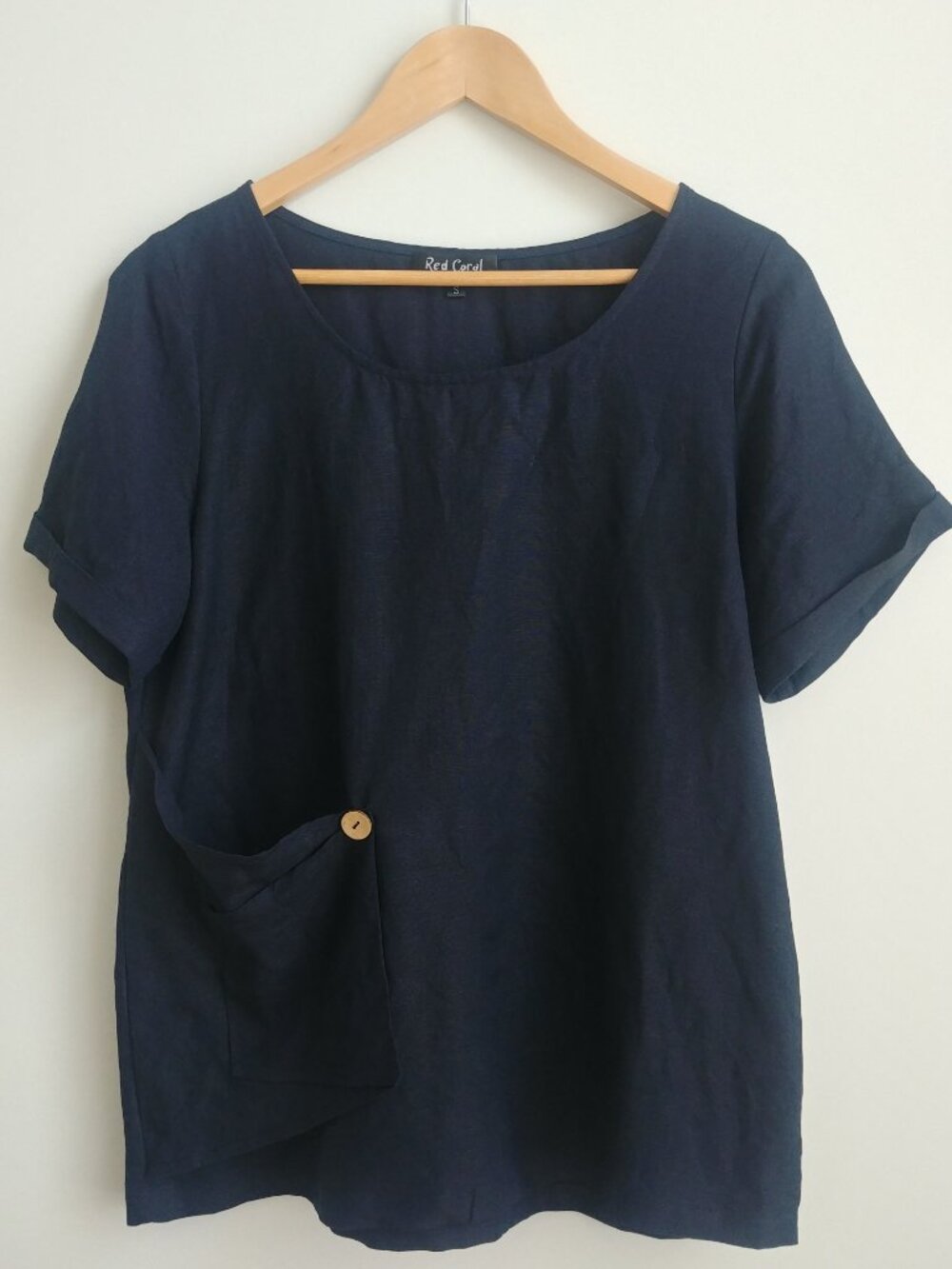 Red Coral Small linen dark navy blue short sleeve lagenlook blouse shirt top